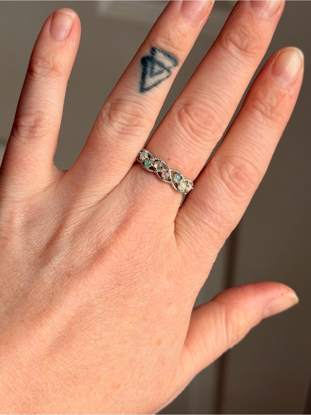Silver Plated Opal Eternity Band - White Opal Accent Ring adjustable size